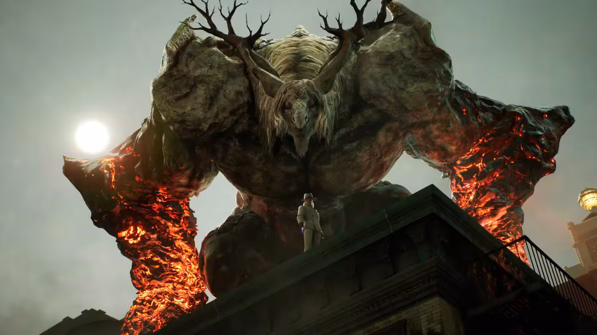 Monstre géant boss type golem avec bras incandescents dominant un personnage sur un toit