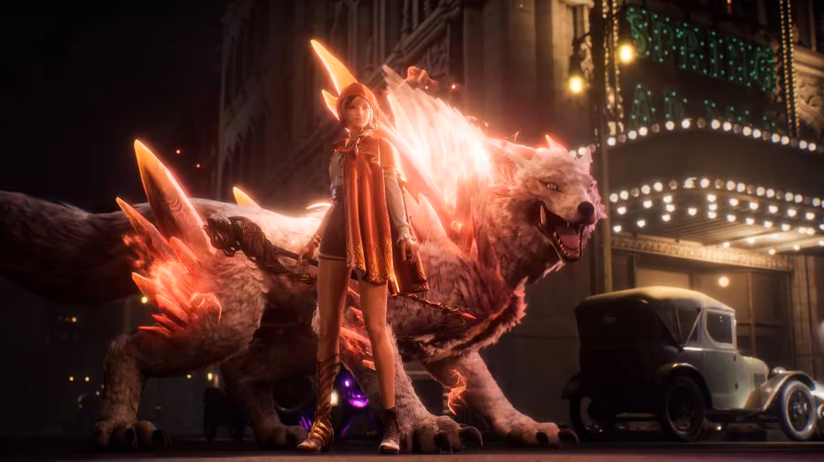 Capture de gameplay avec créature démoniaque et personnage lumineux dans un décor urbain nocturne