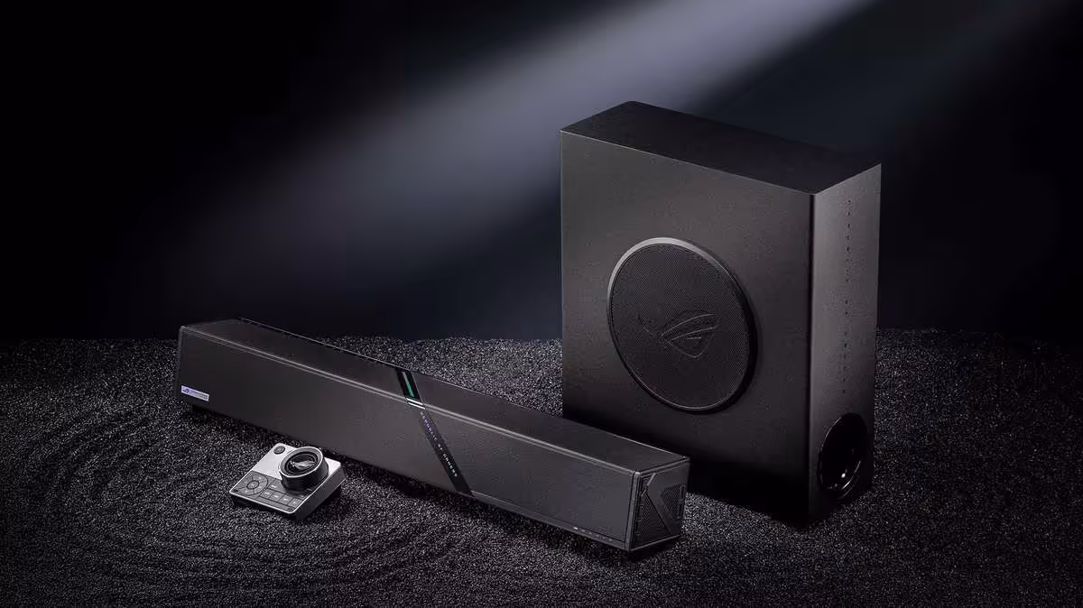 Barre de son ASUS ROG Gjallar, caisson de basses et contrôleur rotatif sur fond sombre