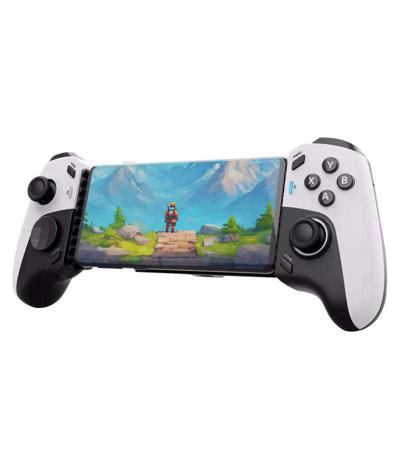 Manette mobile Trust GXTrust blanche avec smartphone affichant un jeu, vue frontale