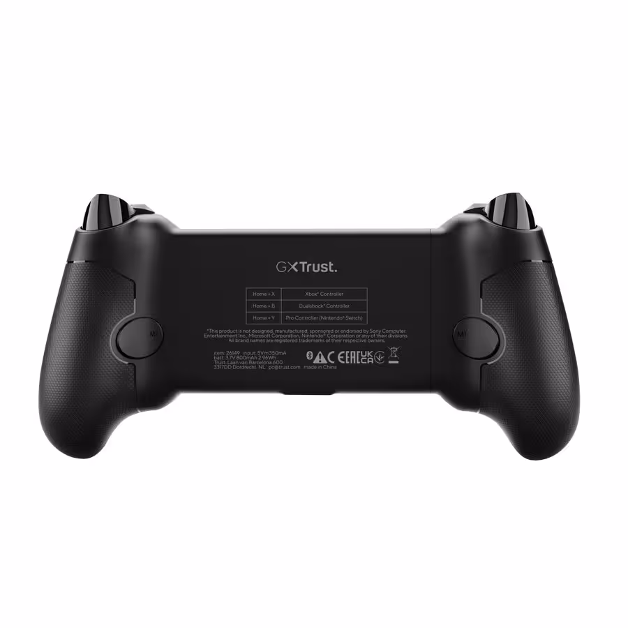 Manette Trust GXTrust noire, vue arrière avec logos et marquages techniques