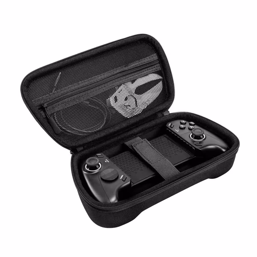 Étui rigide noir de transport pour manette mobile Trust GXTrust, ouvert avec accessoires