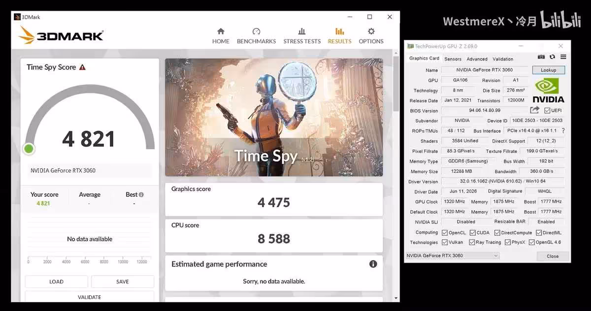 Capture 3DMark Time Spy et GPU-Z montrant les performances de la NVIDIA GeForce RTX 3060
