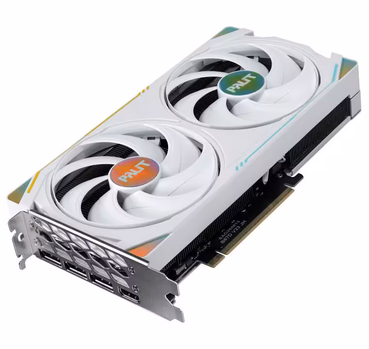 RTX 5060 Ti RiTONA OC : PALIT décline sa carte 8 Go en édition anime blanche ARGB 3 Carte graphique PALIT GeForce RTX 5060 Ti RiTONA OC blanche, double ventilateur, vue produit sur fond blanc.