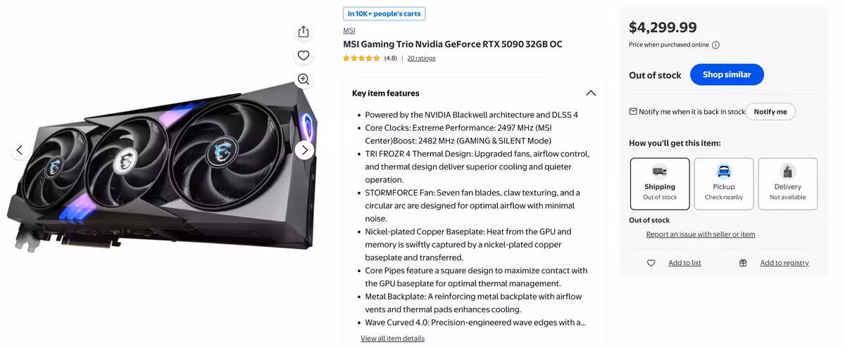 Page Walmart de la MSI Gaming Trio GeForce RTX 5090 32G à 4 299,99 dollars