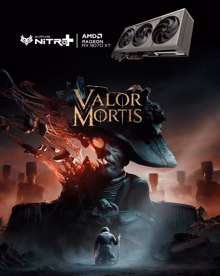 RX 9070 XT Valor Mortis : Sapphire prépare une Nitro+ OC en édition jeu 2 Visuel promotionnel Sapphire Nitro+ AMD Radeon RX 9070 XT Valor Mortis avec carte graphique en haut à droite