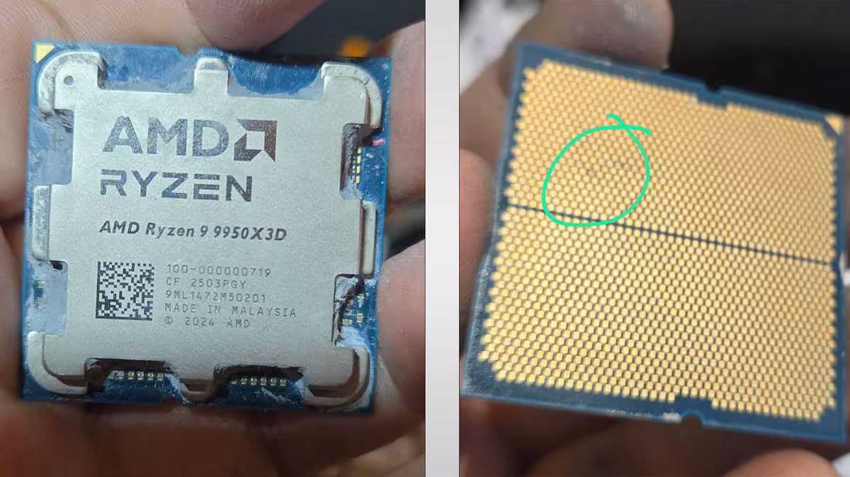 AMD Ryzen 9 9950X3D visible, face avant et contact pads du processeur