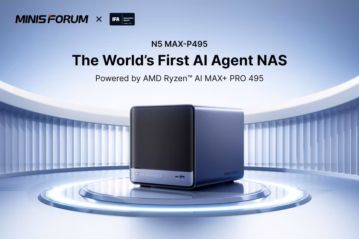 Ryzen AI MAX+ PRO 495 : Minisforum dévoile deux machines IA locales à l’IFA 2026 2 Mini PC Minisforum N5 MAX-P495, annoncé comme premier NAS agent IA, avec AMD Ryzen AI MAX+ PRO 495.