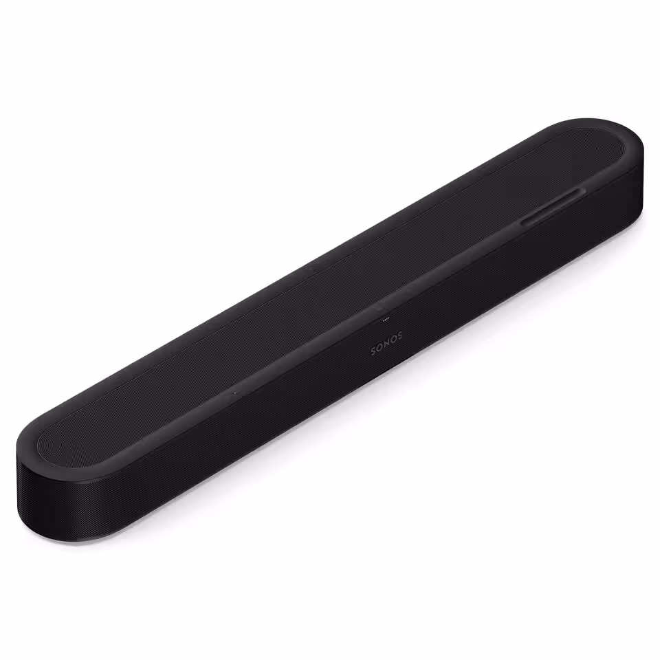 Barre de son Sonos noire sur fond blanc, vue produit isolée en angle trois quarts