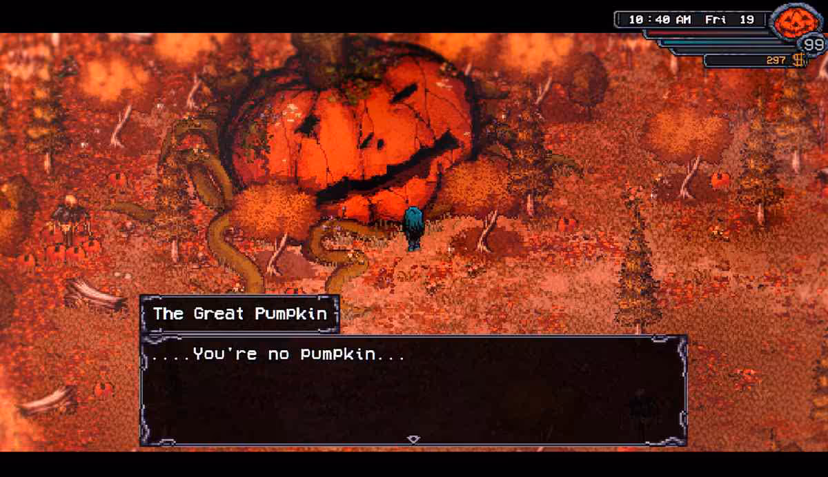 Écran pixel art avec citrouille géante et texte The Great Pumpkin