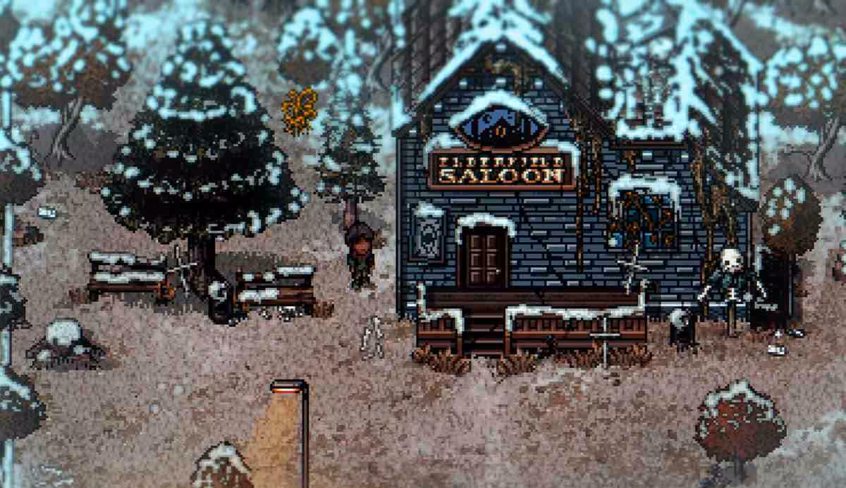 Vue isométrique d’un saloon enneigé en pixel art, ambiance western rétro