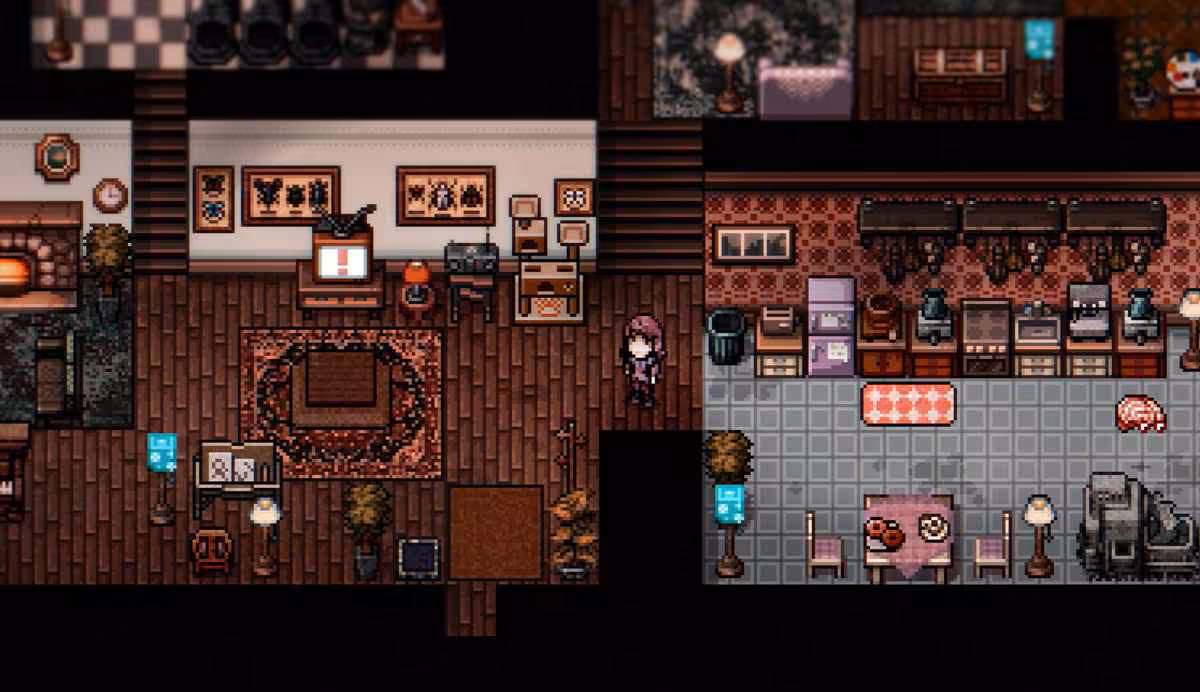 Intérieur pixel art d’une maison avec cuisine et salon vus en coupe
