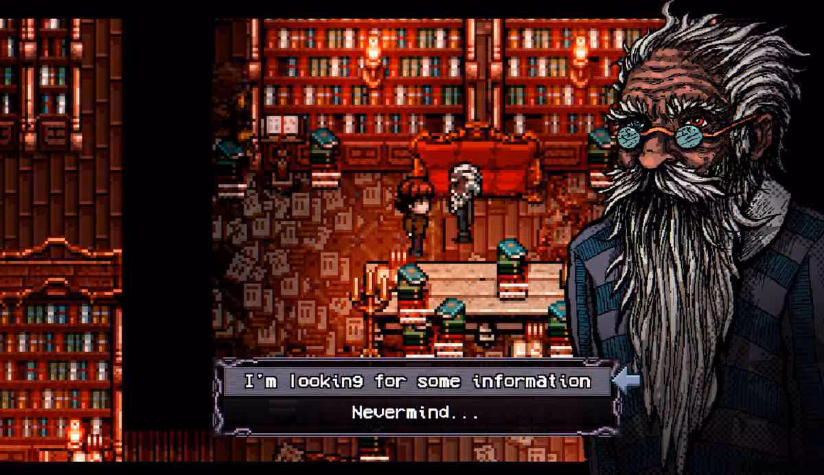 Vieil homme barbu en pixel art dans une bibliothèque, dialogue RPG rétro