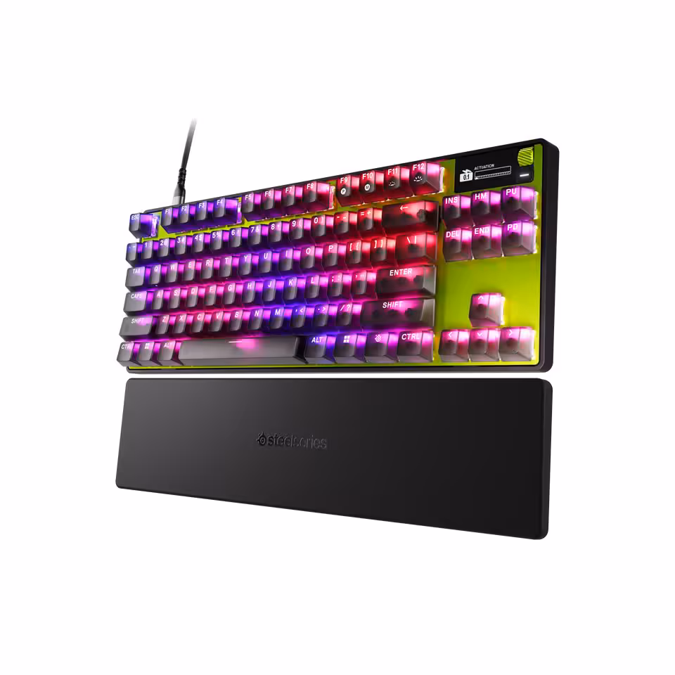 SteelSeries Apex Pro Gen 3 : deux éditions limitées Cyber et Steel à 249,99 € 4 Vue en perspective du clavier SteelSeries Apex Pro Gen 3 édition limitée RGB avec repose-poignets