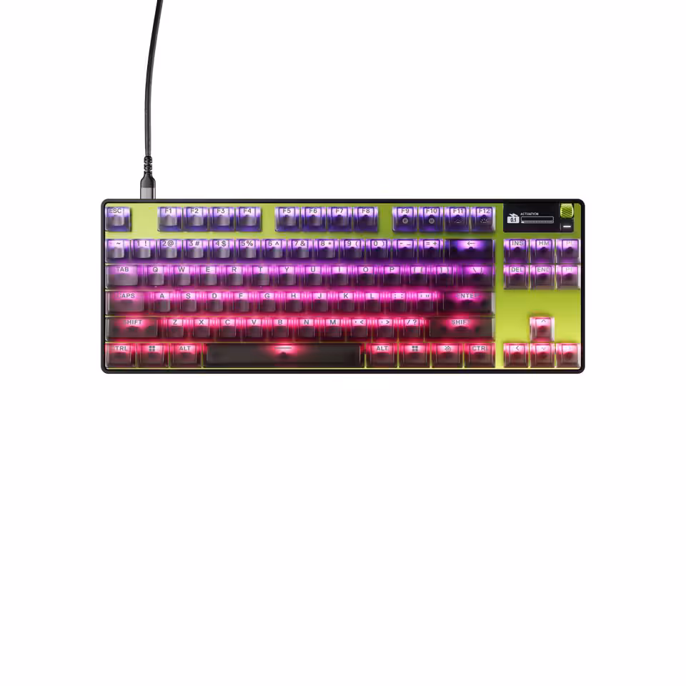 SteelSeries Apex Pro Gen 3 : deux éditions limitées Cyber et Steel à 249,99 € 5 Vue de dessus du clavier SteelSeries Apex Pro Gen 3 édition limitée avec éclairage RGB rose et vert