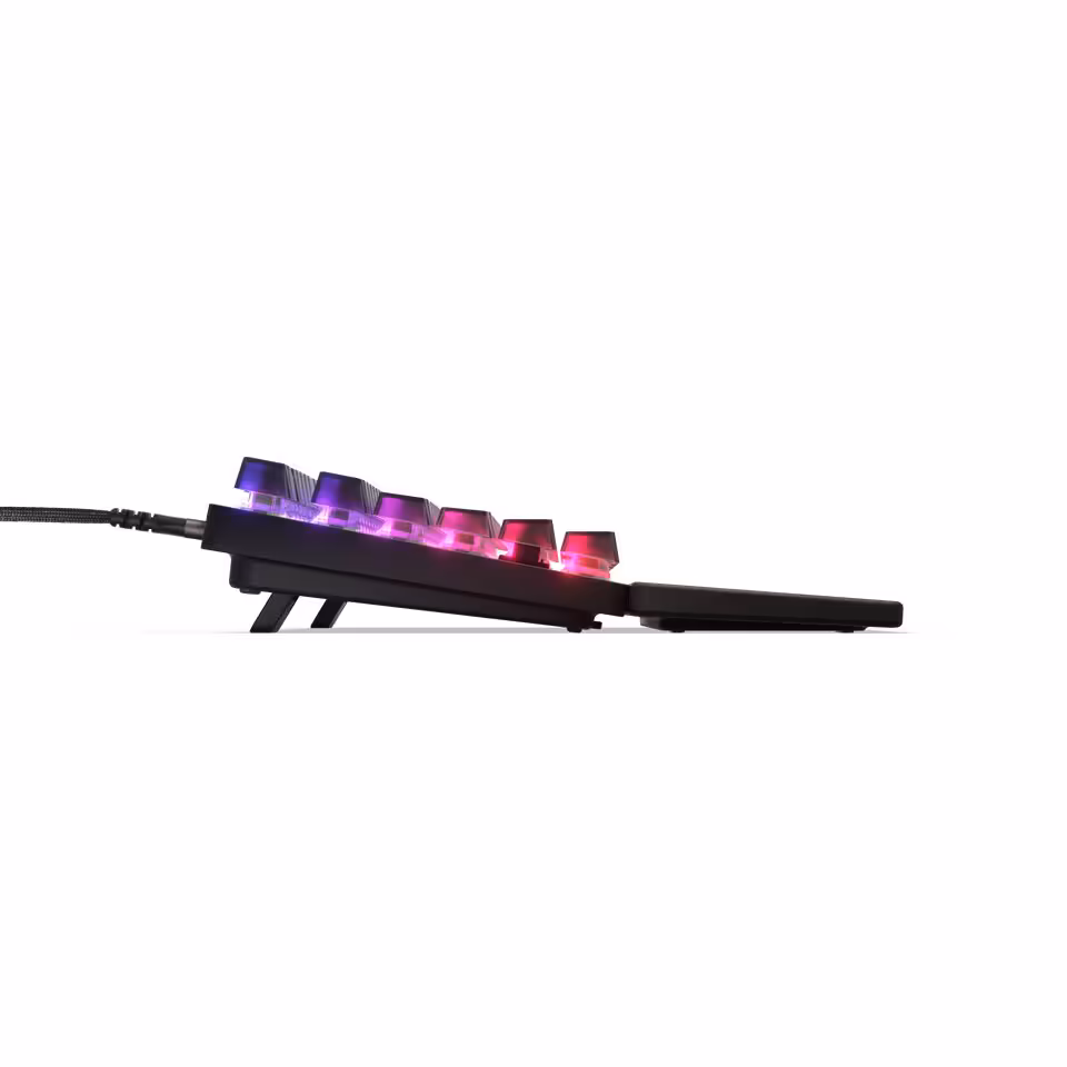 SteelSeries Apex Pro Gen 3 : deux éditions limitées Cyber et Steel à 249,99 € 6 Profil latéral du clavier SteelSeries Apex Pro Gen 3 édition limitée montrant les touches RGB et repose-poignets