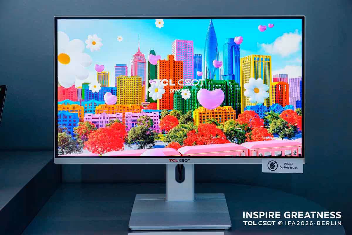 TCL CSOT à l’IFA 2026 : OLED IJP, écran 3D 8K et holographie IA en démonstration 3 Téléviseur TCL CSOT affichant une image de ville colorée, sur pied, avec logo TCL CSOT visible