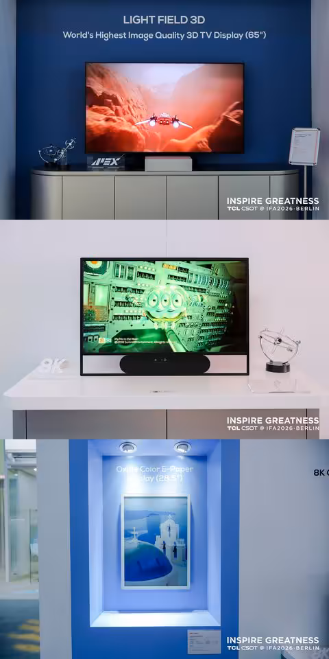 TCL CSOT à l’IFA 2026 : OLED IJP, écran 3D 8K et holographie IA en démonstration 5 Démonstration TCL CSOT Light Field 3D et écran 8K, avec plusieurs dalles de présentation en stand d’exposition