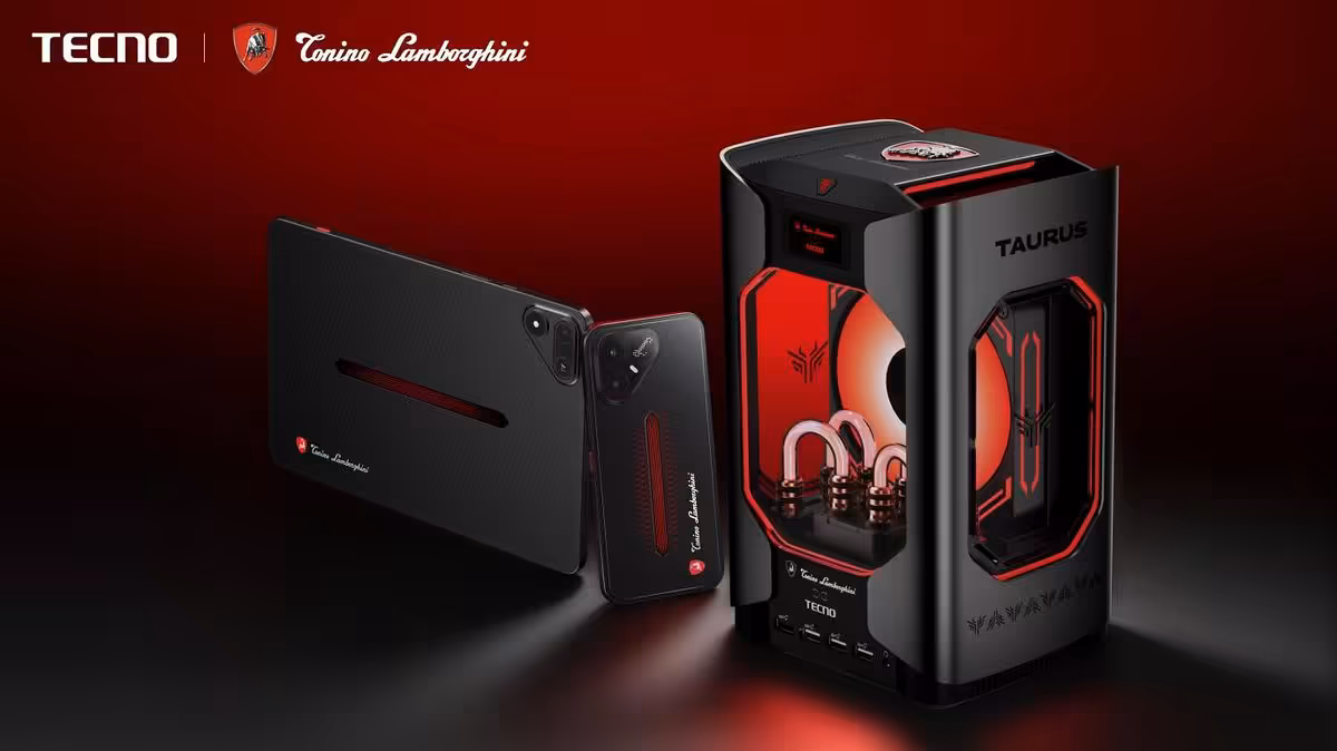 Smartphone TECNO et édition spéciale Tecno x Lamborghini, avec boîtier PC TAURUS rouge et noir.