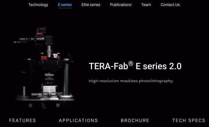 Capture d’écran du site TERA-Fab E series 2.0, machine de lithographie maskless haute résolution