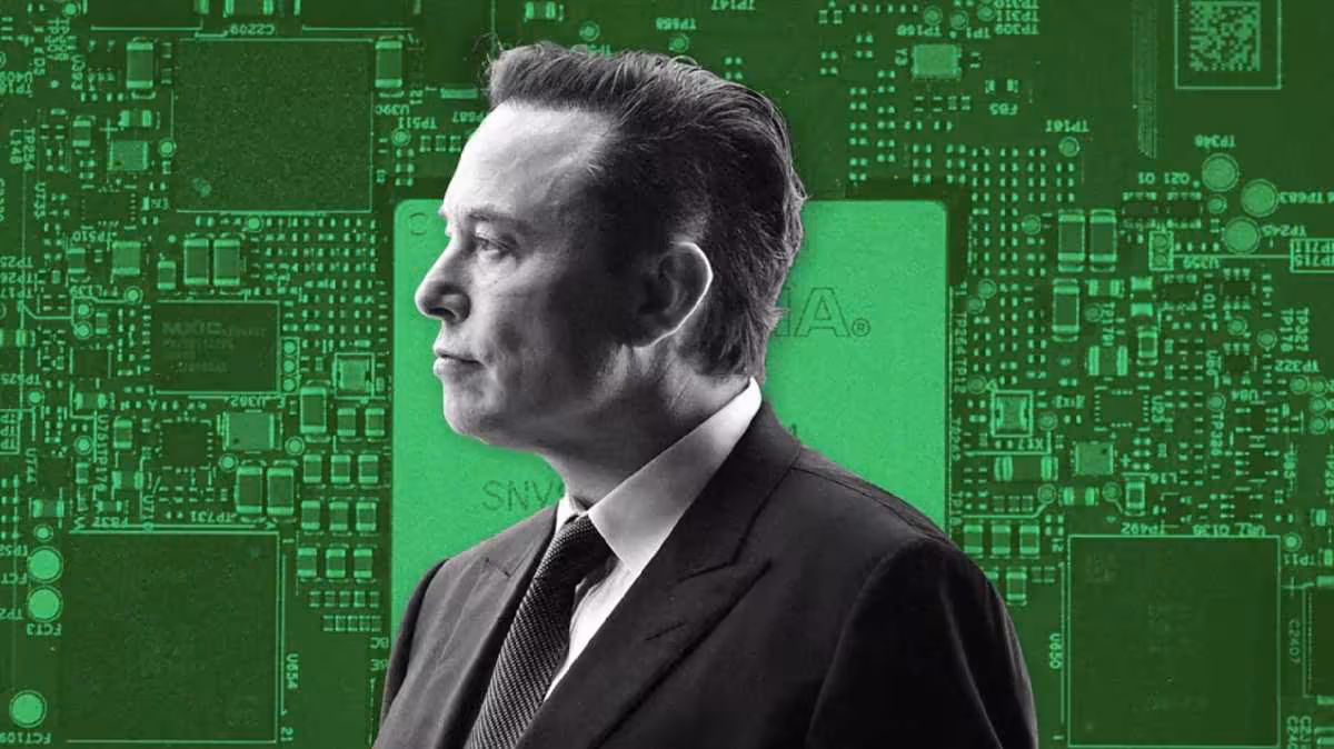 Elon Musk en profil sur fond vert de circuits électroniques, illustration liée à l’IA et aux puces