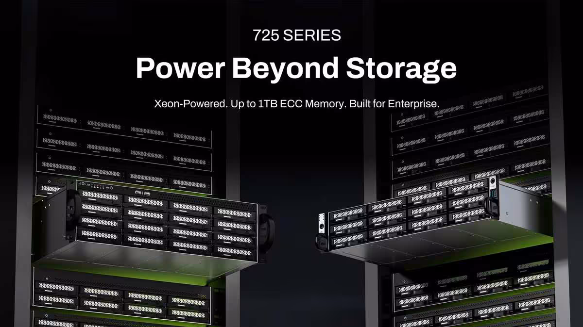 TerraMaster U-725 : quatre NAS rack Xeon D pour le stockage professionnel 2 Visuel promotionnel TerraMaster série 725 montrant quatre NAS rack avec stockage ECC jusqu’à 1 To