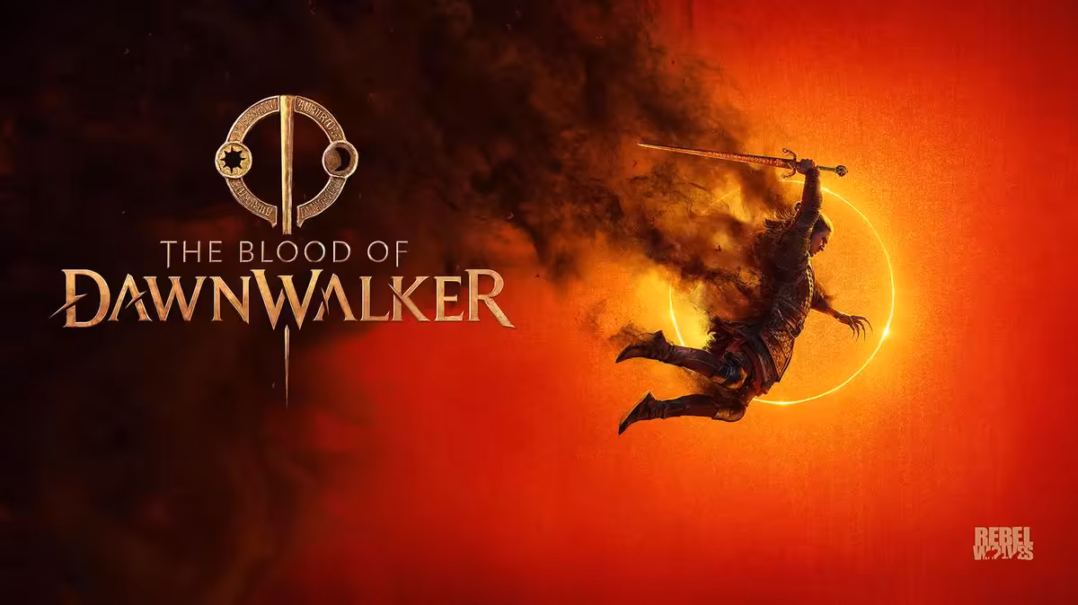 Visuel promotionnel de The Blood of Dawnwalker montrant un guerrier suspendu devant une éclipse rouge