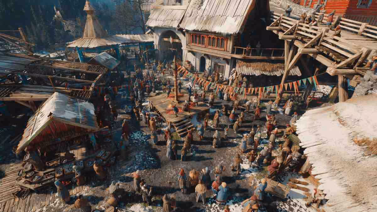 Village médiéval animé de The Witcher, vue aérienne avec maisons en bois et foule