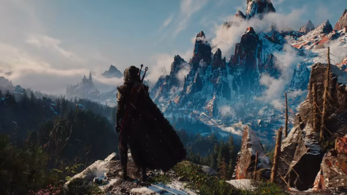 Geralt de Riv de dos face à des montagnes enneigées, paysage de The Witcher 4