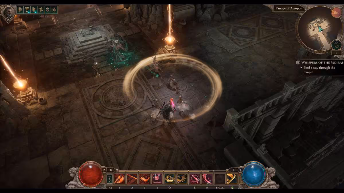 Titan Quest II fixe sa sortie complète au 19 janvier 2027 sur PC et consoles 3 Combat dans un donjon de Titan Quest II avec interface, pièges lumineux et personnage au centre