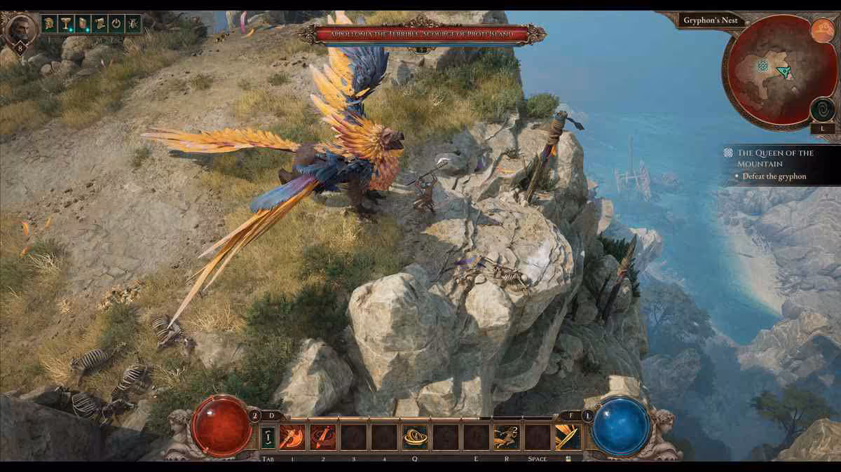 Titan Quest II fixe sa sortie complète au 19 janvier 2027 sur PC et consoles 4 Créature ailée affrontée sur une falaise côtière dans Titan Quest II avec interface de jeu