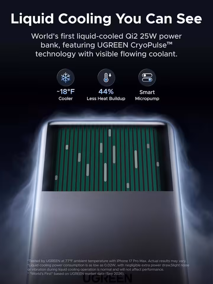 Ugreen HomeAgent et MagFlow : l’IA locale s’invite dans la maison connectée 10 Ugreen MagFlow Qi2 25W, visuel marketing du power bank à refroidissement liquide CryoPulse.