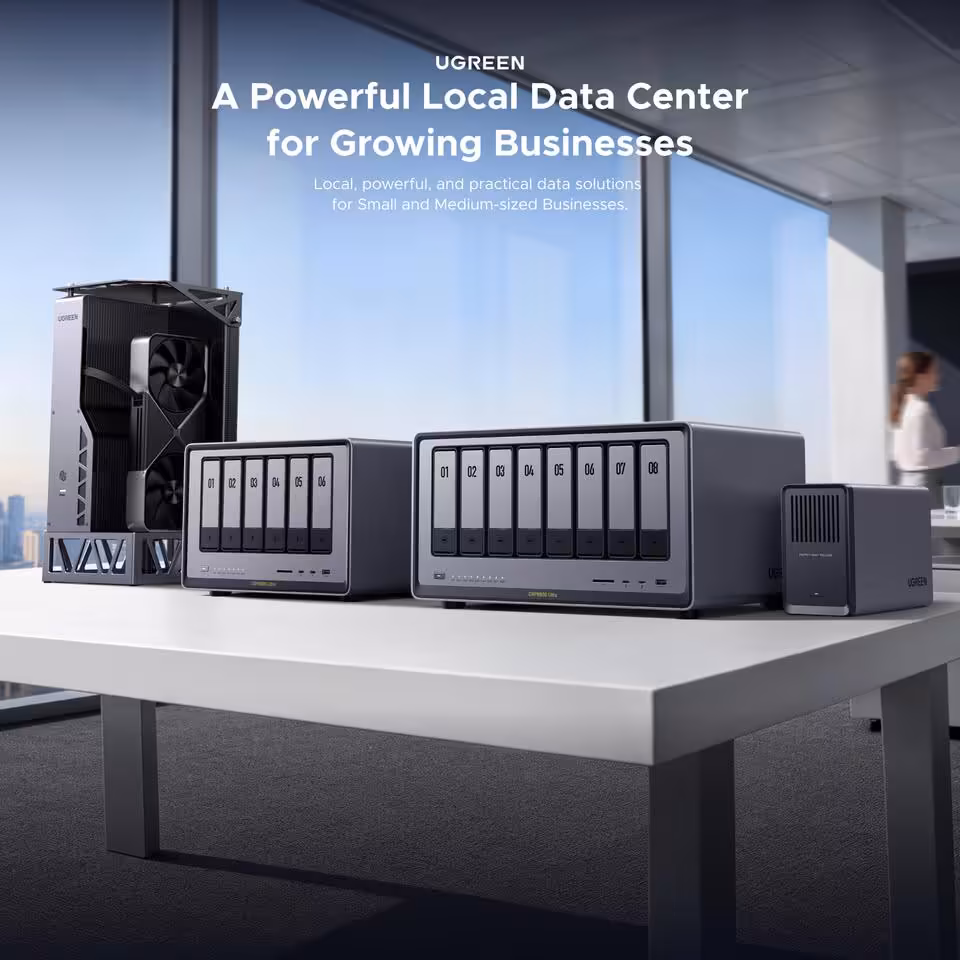 Ugreen NASync Ultra : les DXP6800 et DXP8800 visent les studios et PME à l’IFA 2026 5 Gamme UGREEN NASSync Ultra présentée en bureau, avec DXP6800, DXP8800 et accessoire de stockage】