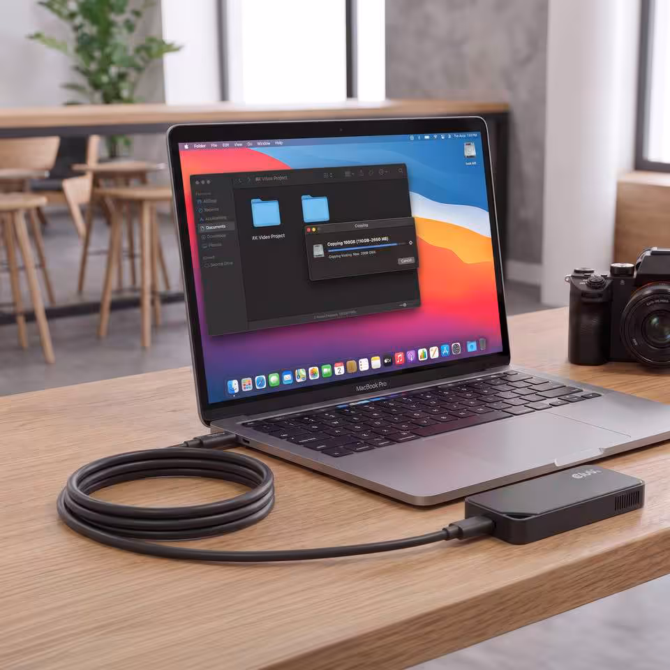 MacBook Pro affichant une fenêtre Finder, câble USB-C relié à un boîtier externe sur table