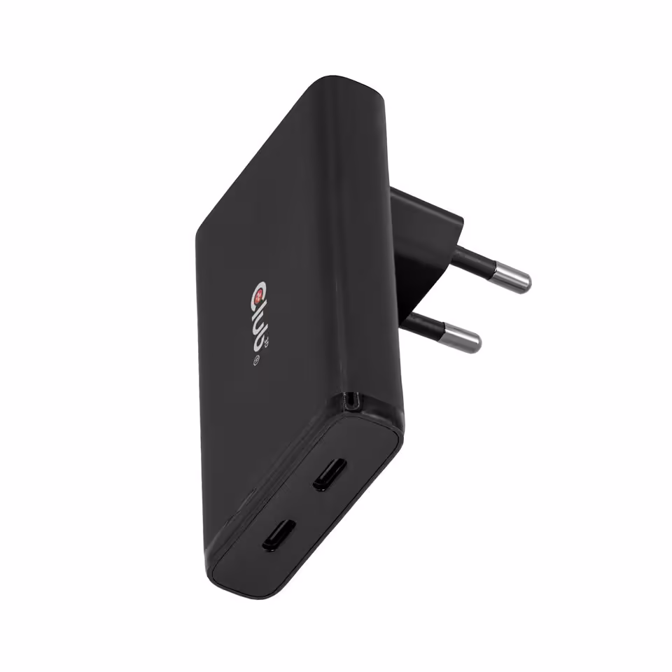 Chargeur mural GaN noir Club 3D avec deux ports USB-C et prise européenne rabattable