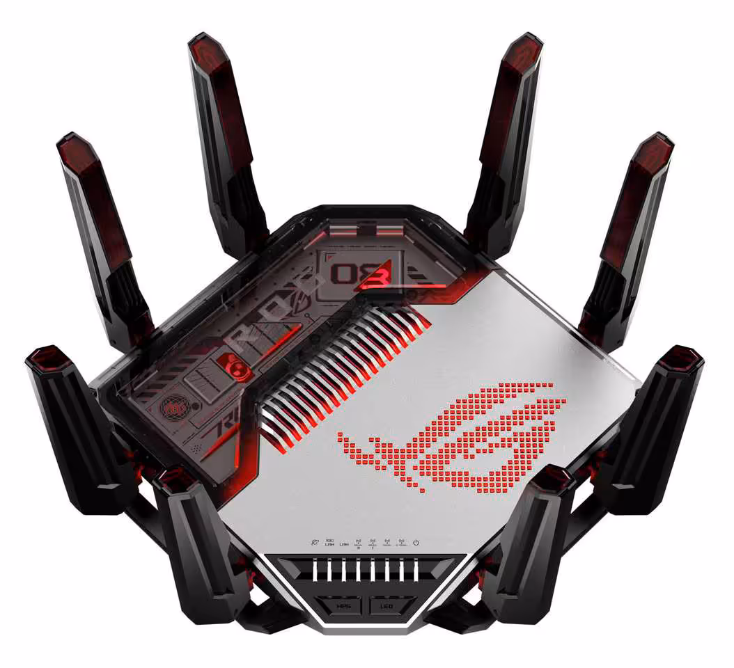 Wi-Fi 8 : ASUS lance au Canada son routeur quad-band ROG Rapture GT-BN98 avant octobre 2 Routeur ASUS ROG Rapture GT-BE98 Series de face, huit antennes noires sur fond blanc