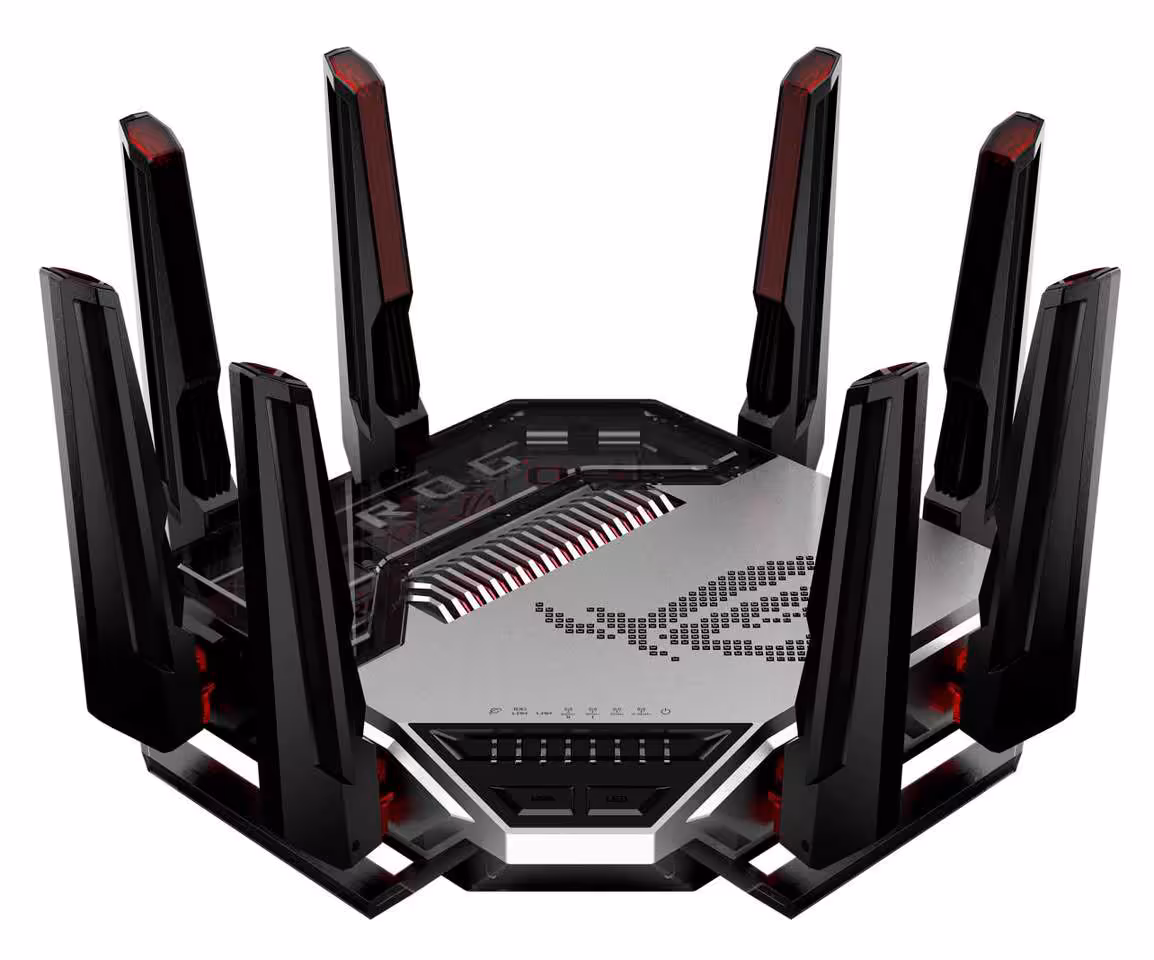 Wi-Fi 8 : ASUS lance au Canada son routeur quad-band ROG Rapture GT-BN98 avant octobre 5 Routeur ASUS ROG WiFi 8 vu en plongée, huit antennes noires autour du châssis
