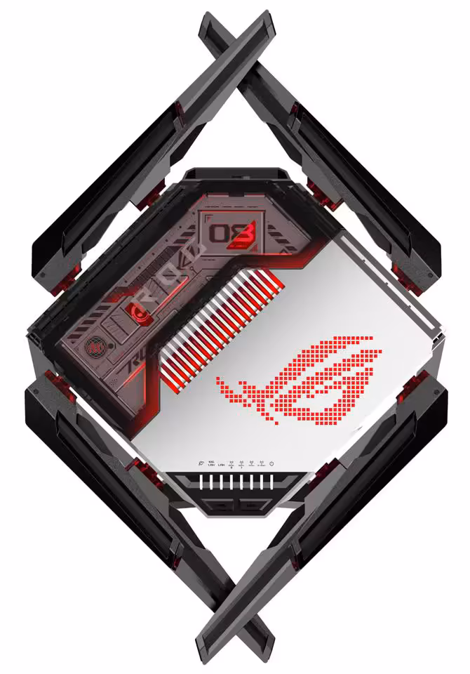 Wi-Fi 8 : ASUS lance au Canada son routeur quad-band ROG Rapture GT-BN98 avant octobre 6 Routeur ASUS ROG WiFi 8 en vue diagonale, design octogonal et antennes croisées visibles
