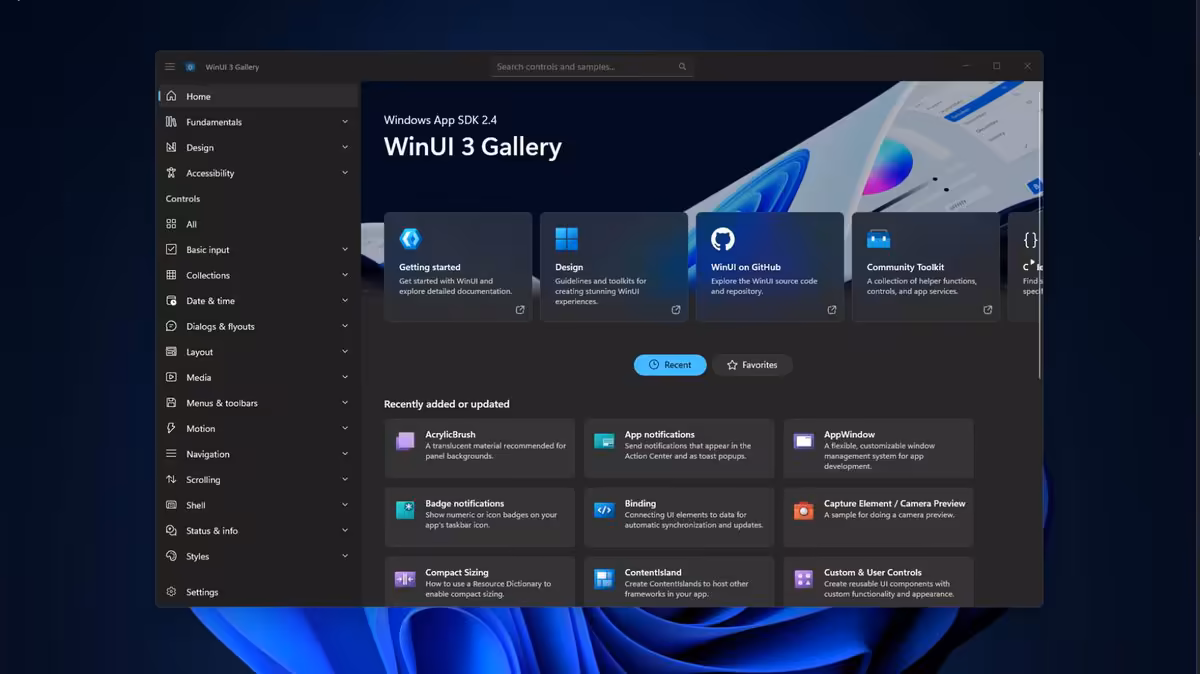 Capture de l’app Windows App SDK 1.4, page WinUI 3 Gallery en thème sombre