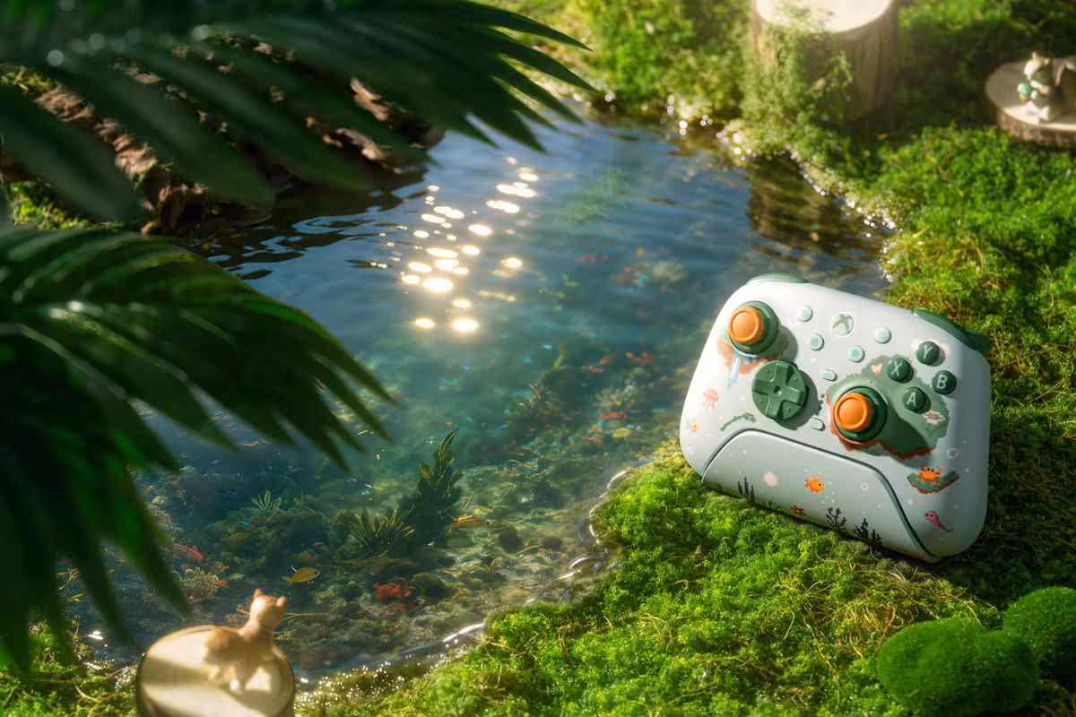 Manette Xbox blanche décorée posée près d’un ruisseau, ambiance nature et lumière douce
