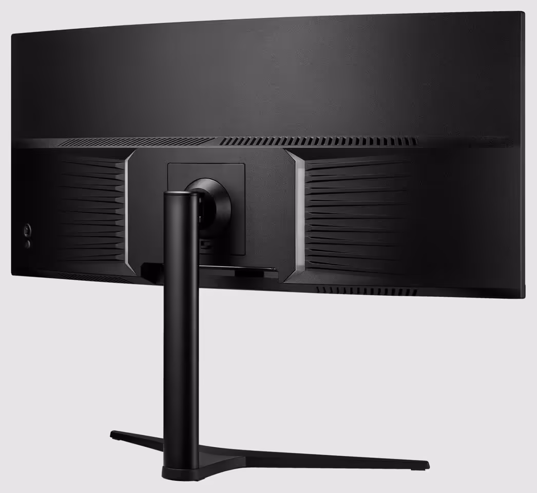 XPG écrans gaming : quatre nouveaux moniteurs RIFT et APERTURE jusqu'à 240 Hz 6 Dos d’un moniteur XPG noir avec pied central et aérations arrière, vue de trois quarts