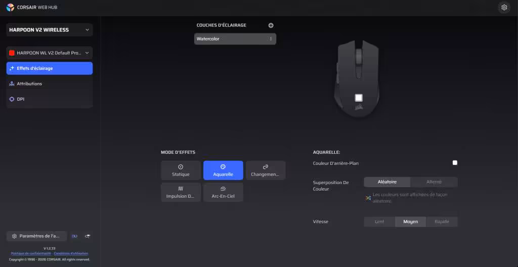 Corsair Harpoon V2 Wireless logiciel effets éclairage