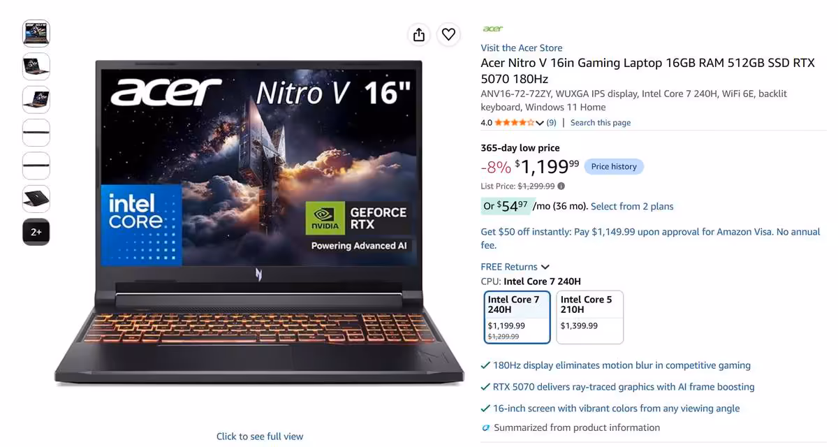 Capture d’écran Amazon de l’Acer Nitro V 16 équipé d’une GeForce RTX 5070