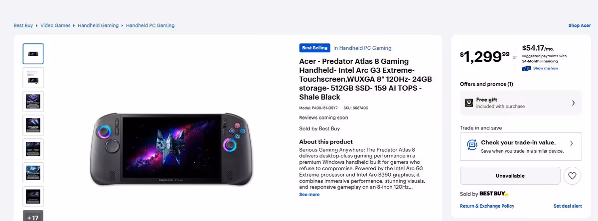Fiche produit Best Buy de la console portable Acer Predator Atlas 8 Gaming Handheld