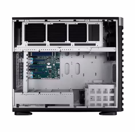 Advantech HPC-7046 : refroidissement liquide et neuf slots pour les GPU IA 6 Châssis ouvert du serveur Advantech HPC-7046 montrant carte mère, emplacements d’extension et baies de stockage