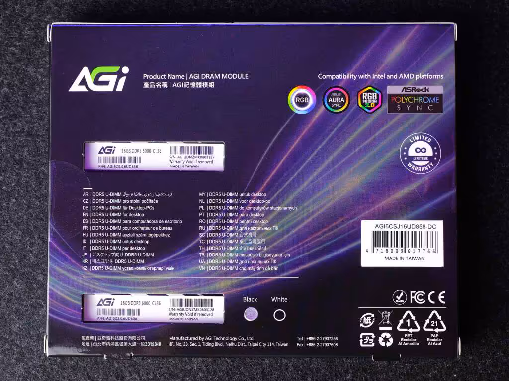 agi turbosprint ud858 rgb 32 go ddr5 6000 cl36 emballage dos