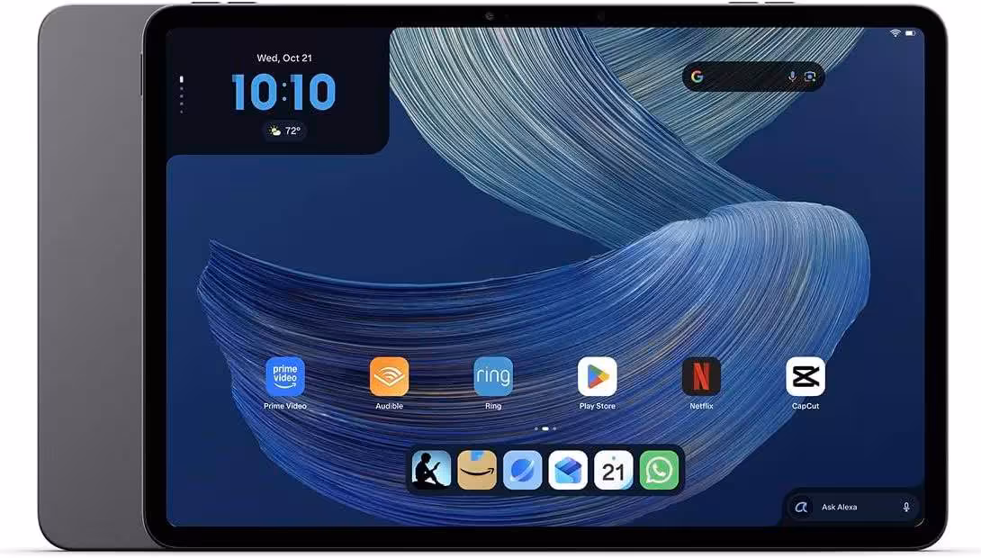 Amazon Alexa Tablet 12 noire avec dos gris et écran d’accueil Android