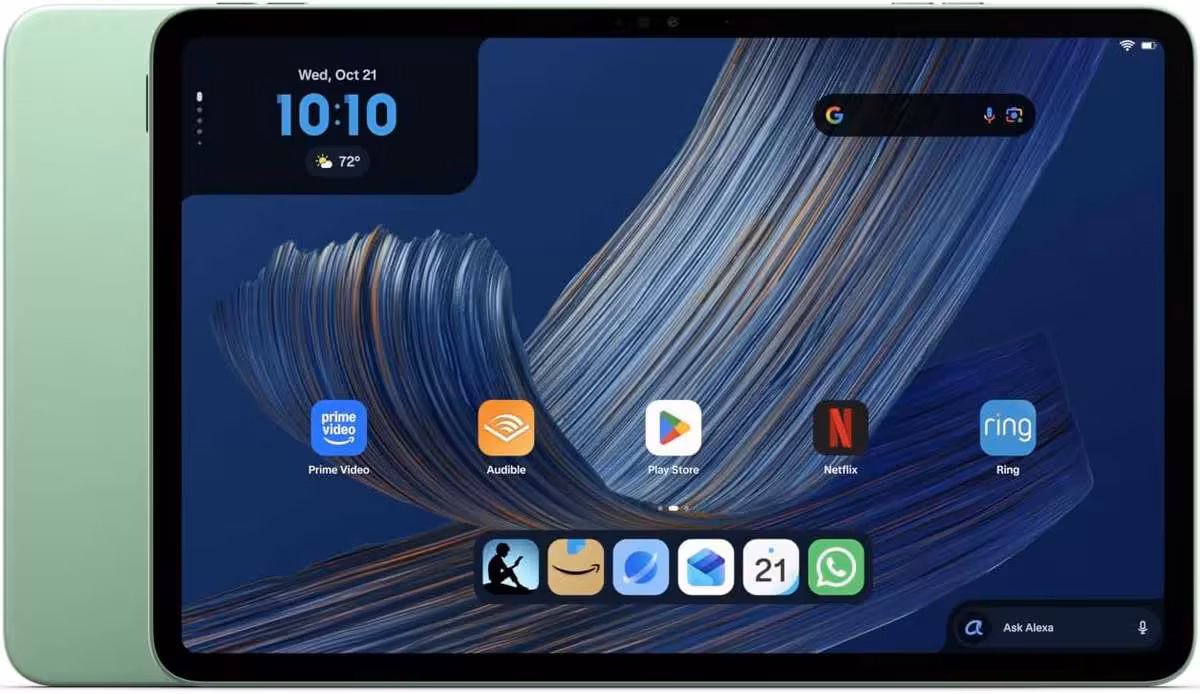 Amazon Alexa Tablet 12 verte avec écran Android affichant Prime Video, Netflix et Ring