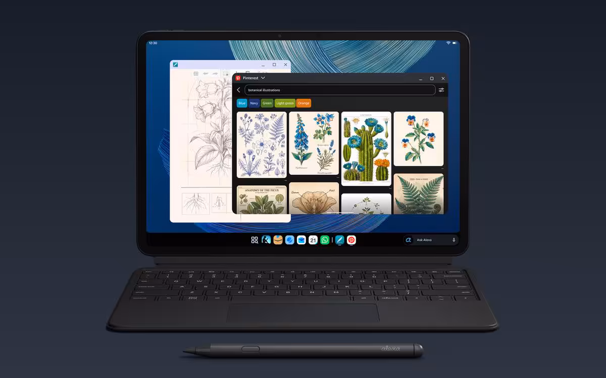 Amazon Alexa Tablet avec clavier et stylet, affichant une interface de dessin botanique