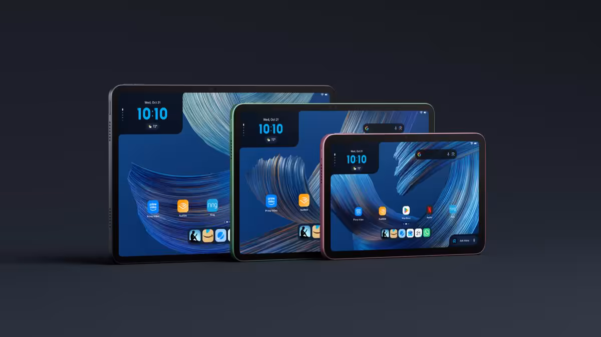 Trois tablettes Amazon Alexa Tablet 12, 11 et 8 affichées sur fond sombre
